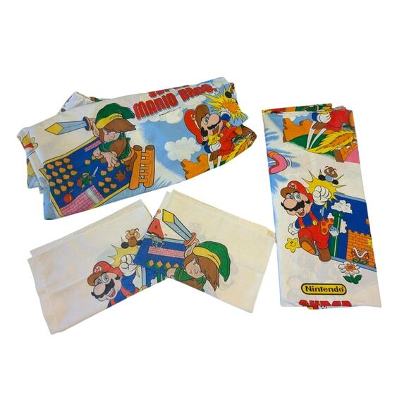1988 Nintendo Super Mario Legend Zelda Twin Sheet Set Flat Fitted 2 Pillowcases - Picture 1 of 10